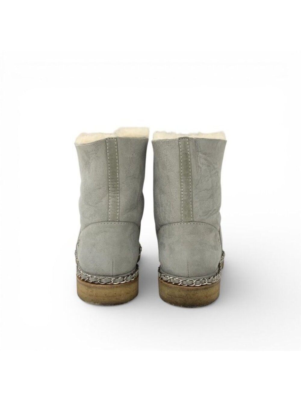 Chanel Boots Short Shoes Suede Fabric Light Gray Black CC Logo Chain Shearling - Picture 5 of 10